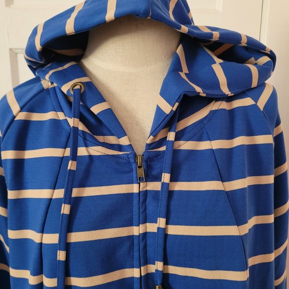 For Cynthia Blue and Tan Stripe Hooded High Low Jacket. Size XL - Picture 3 of 12